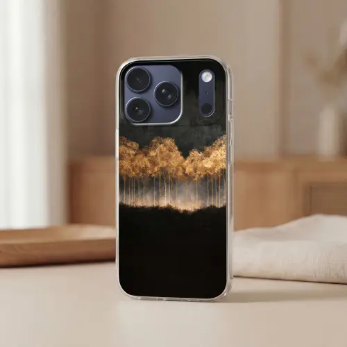 Gouden Bomen in Mistig Landschap Telefoonhoesje iPhone 17 Pro klein -sfeer2