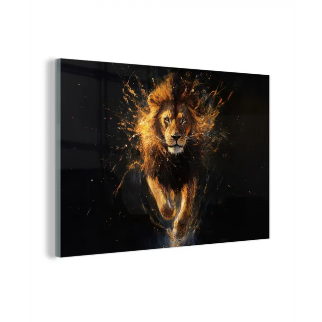 Glas schilderij - Leeuw - Zwart - Oranje - Verf
