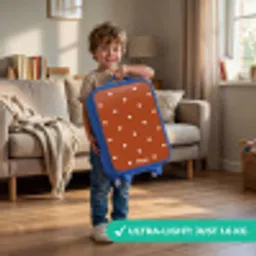 Wit hartjespatroon op oranje bruine achtergrond Kinderkoffer - Blauw klein -sfeer2_EN