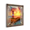Doorkijk - Raam - Vuurtoren - Zonsondergang - Strand aluminium wit klein -3d