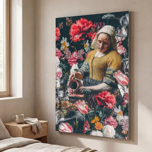 Melkmeisje - Johannes Vermeer - Bloemen - Roze Textielframe zilver middel -sfeer3