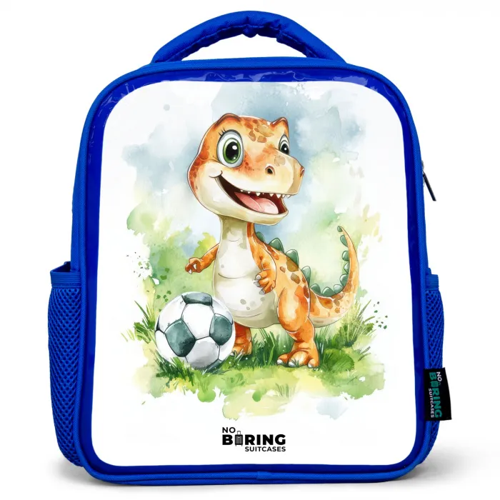 Dino met voetbal in kleurrijk veld Kinderrugzak - Blauw middel -3d