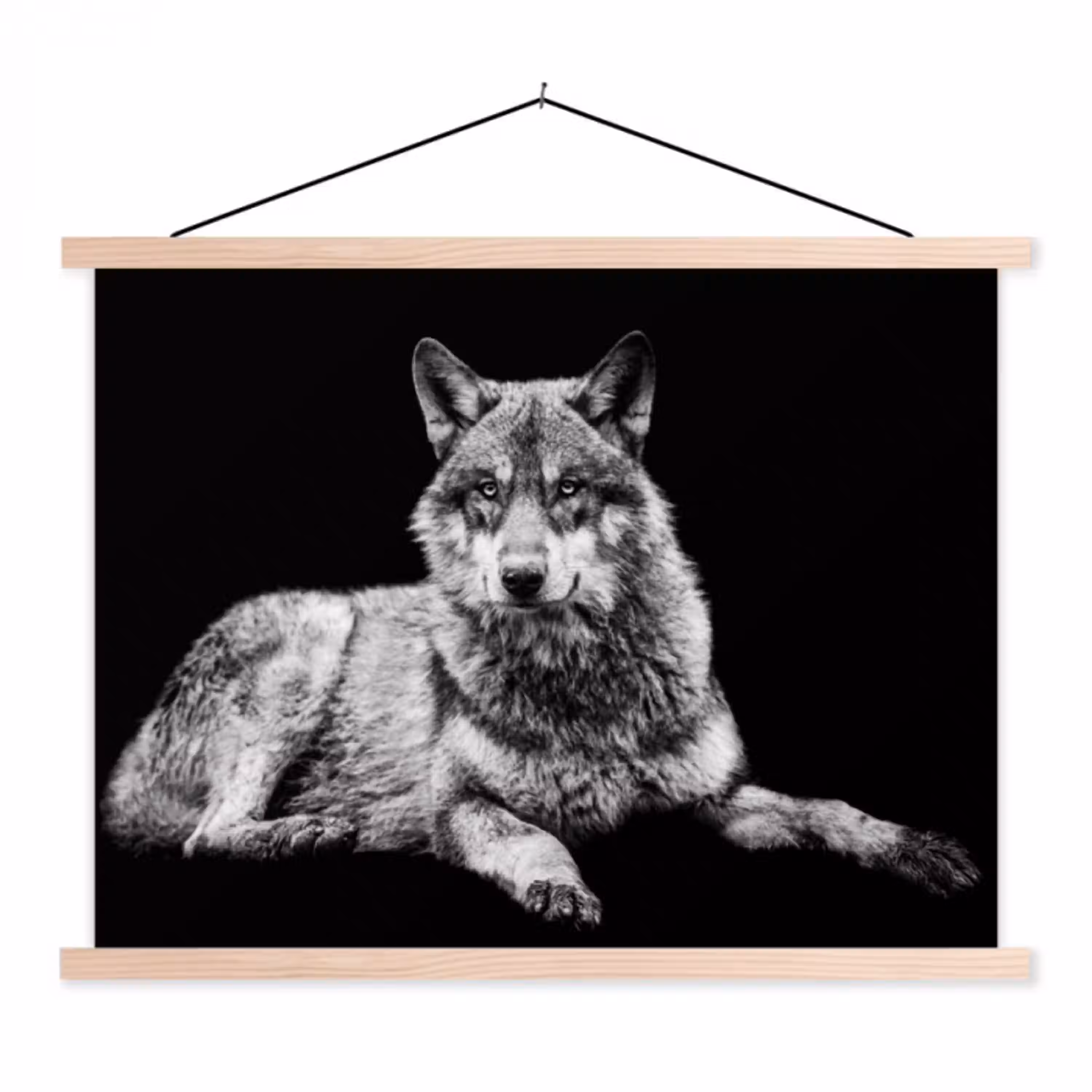 Wilde dieren - Wolf - Zwart - Wit textielposter latten blank klein -3d