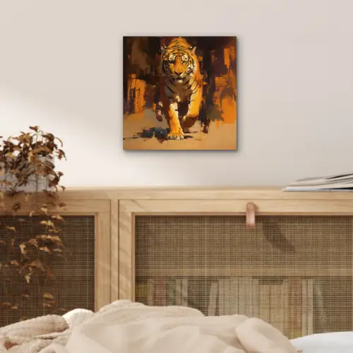 Tijger - Geschilderd - Oranje - Penseelstreken aluminium wit klein -sfeer3