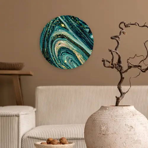 Marmerlook - Luxe - Goud - Turquoise - Glitter Wandcirkel kunststof plaat 5mm dik klein -sfeer1