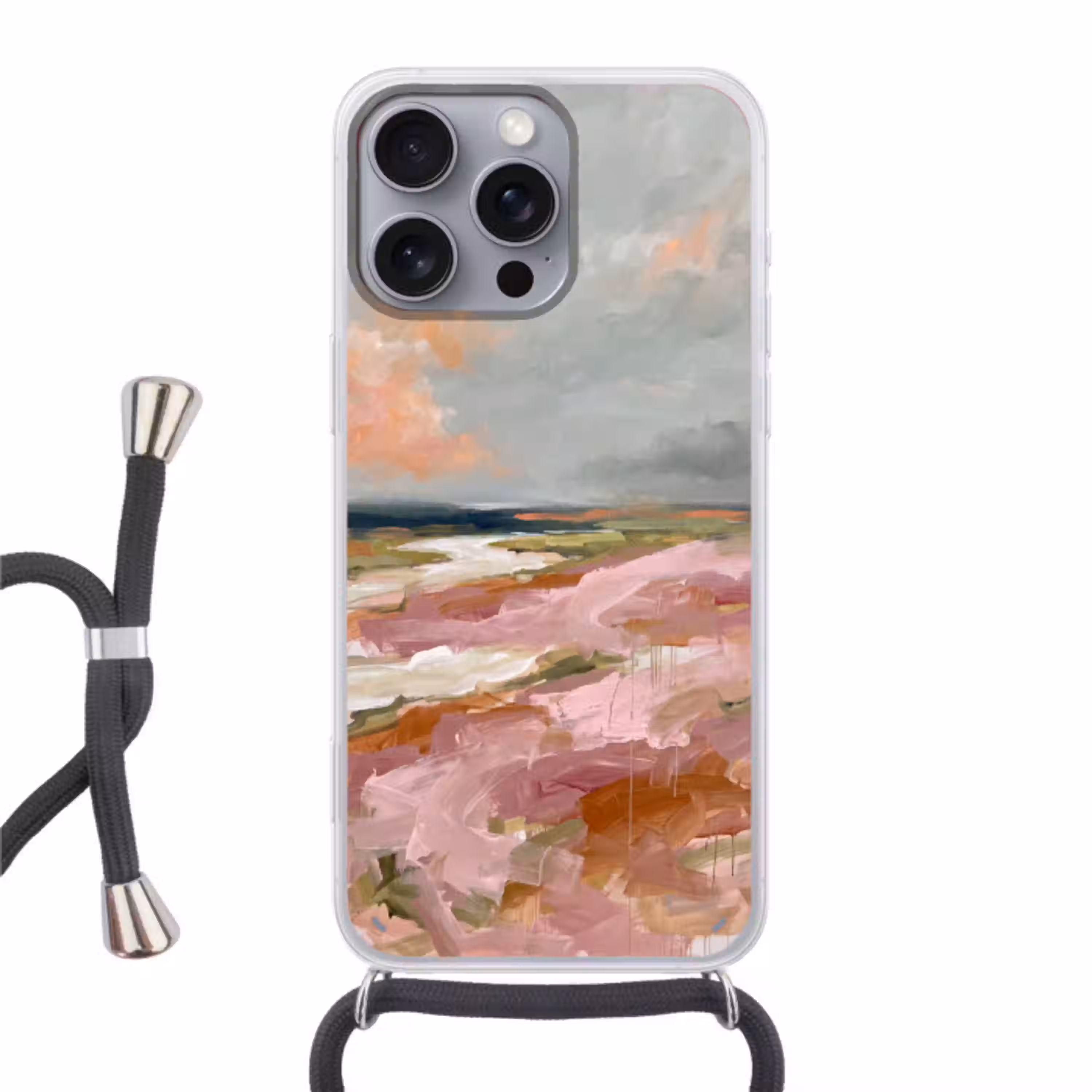 Landschap - Rivier - Abstract - Roze - Groen Hoesje iPhone 16 Pro Max met koord klein -3d