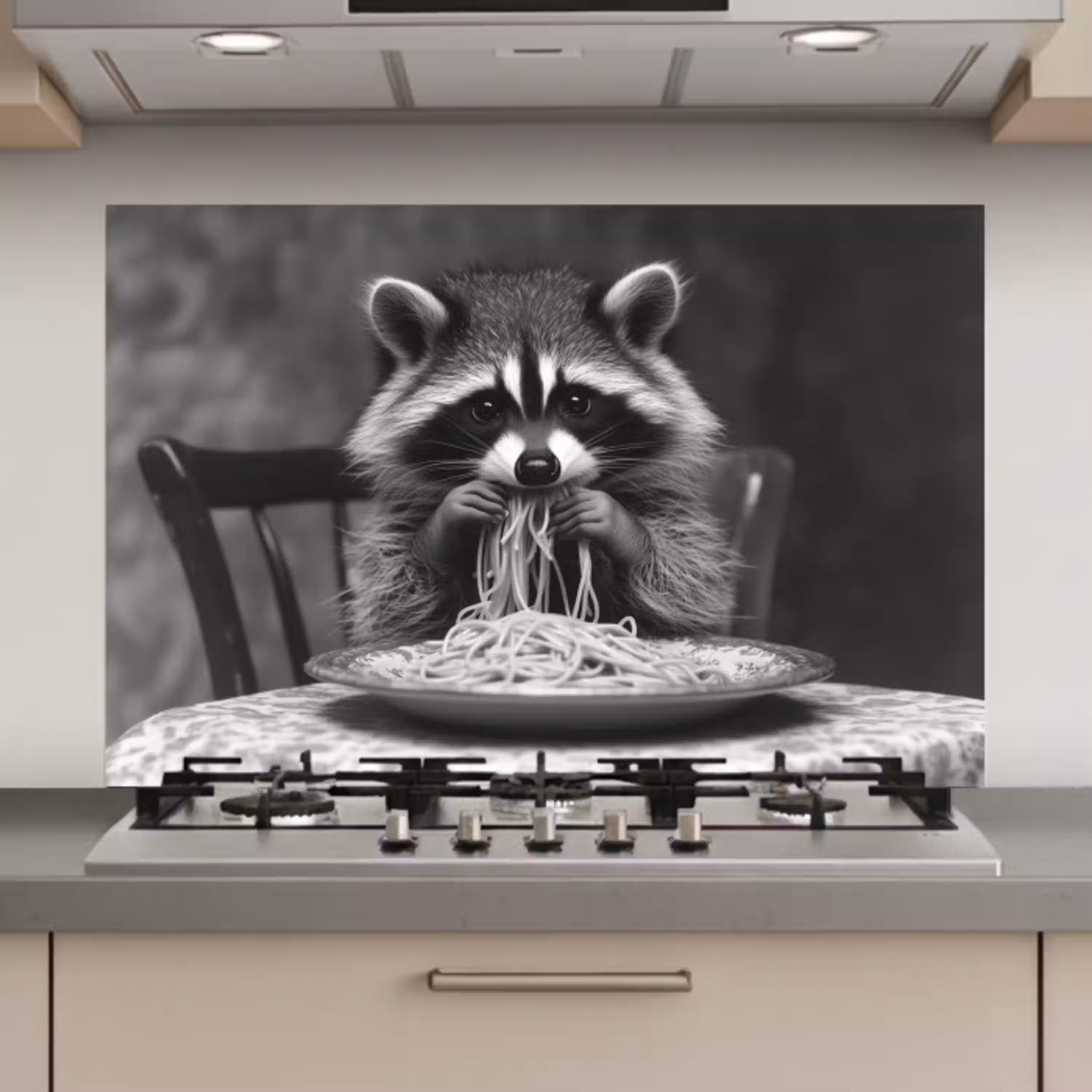 Wasbeer - Cute - Pasta - Tafelkleed - Zwart - Wit keuken achterwand spatscherm klein -3d_website