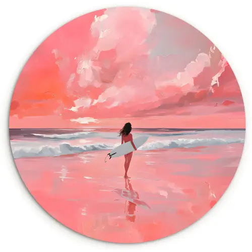 Roze - Surfen - Zee Wandcirkel kunststof plaat 5mm dik klein -3d