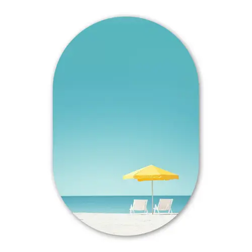 Strand - Blauwe lucht - Geel - Parasol Wandcirkel Ovaal Forex klein -3d