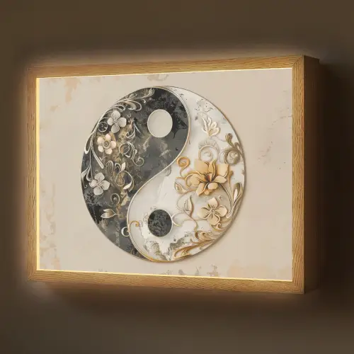 Yin Yang - Bloemen - Zwart - Wit - Vintage Light Box met batterij (Wandlamp) middel -z3d_website