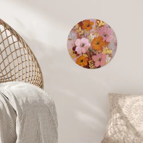 Schilderij - Bloemen - Rustiek - Roze Wandcirkel behangsticker klein -sfeer4