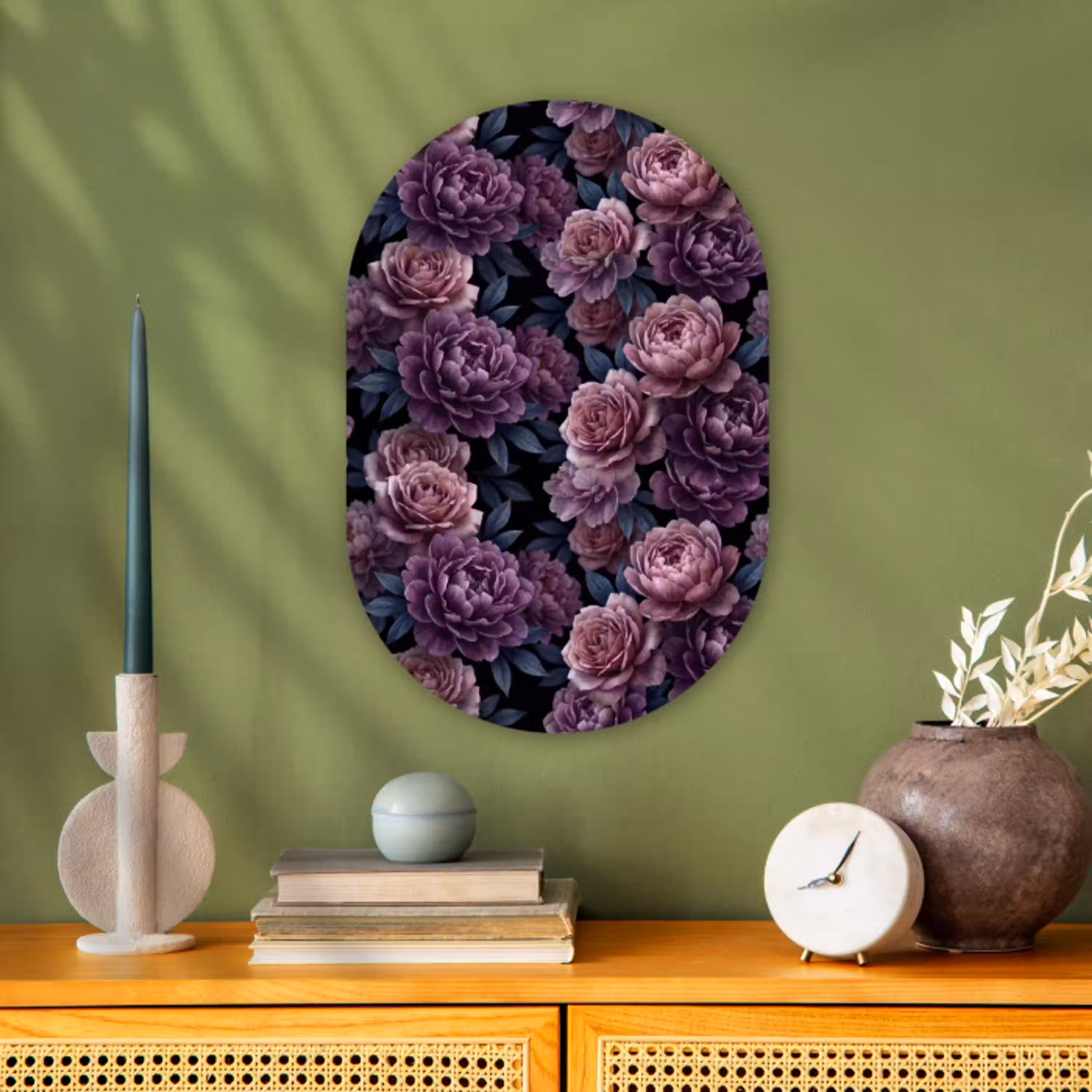 Bloemen - Patroon - Donker - Botanisch - Paars Wandcirkel Ovaal Forex klein -sfeer2