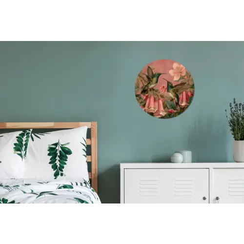 Kolibries - Bloemen - Groen - Roze Wandcirkel aluminium klein -slaapkamer