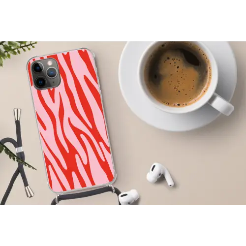 Zebraprint - Roze - Rood - Dierenprint Hoesje iPhone 12 Pro met koord klein -oordop