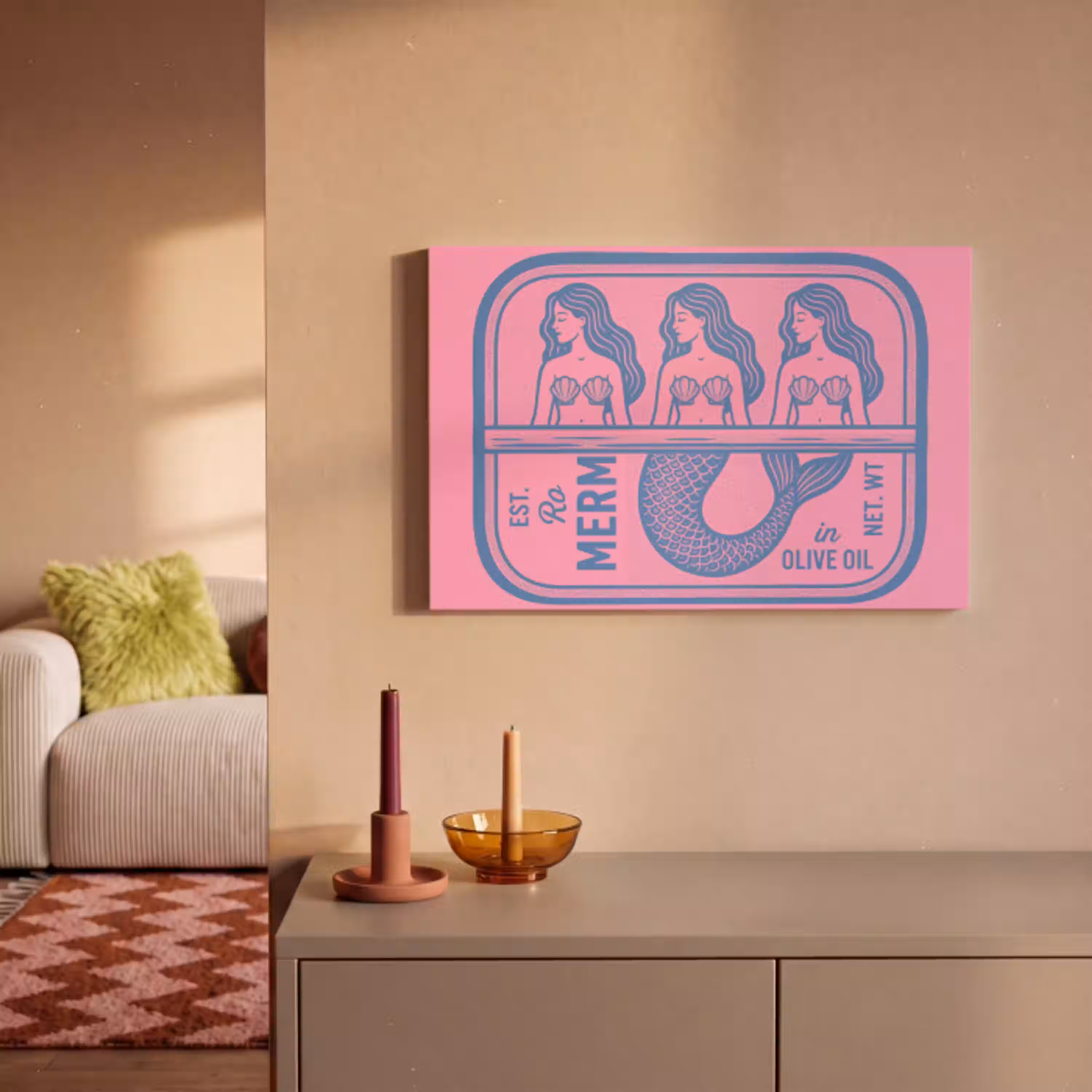 Meermin - Sardineblik - Illustratie - Roze - Retro canvas 2cm klein -sfeer1