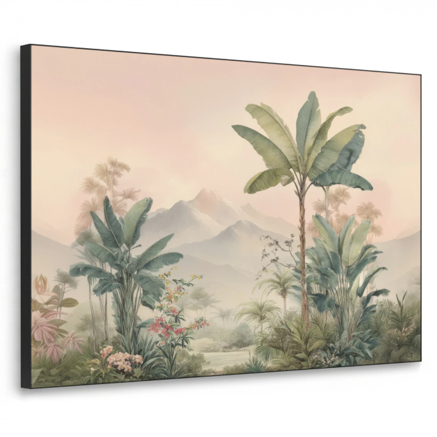 Tropisch landschap - palmbomen - Bloemen - Roze lucht Textielframe - compleet frame klein -3d