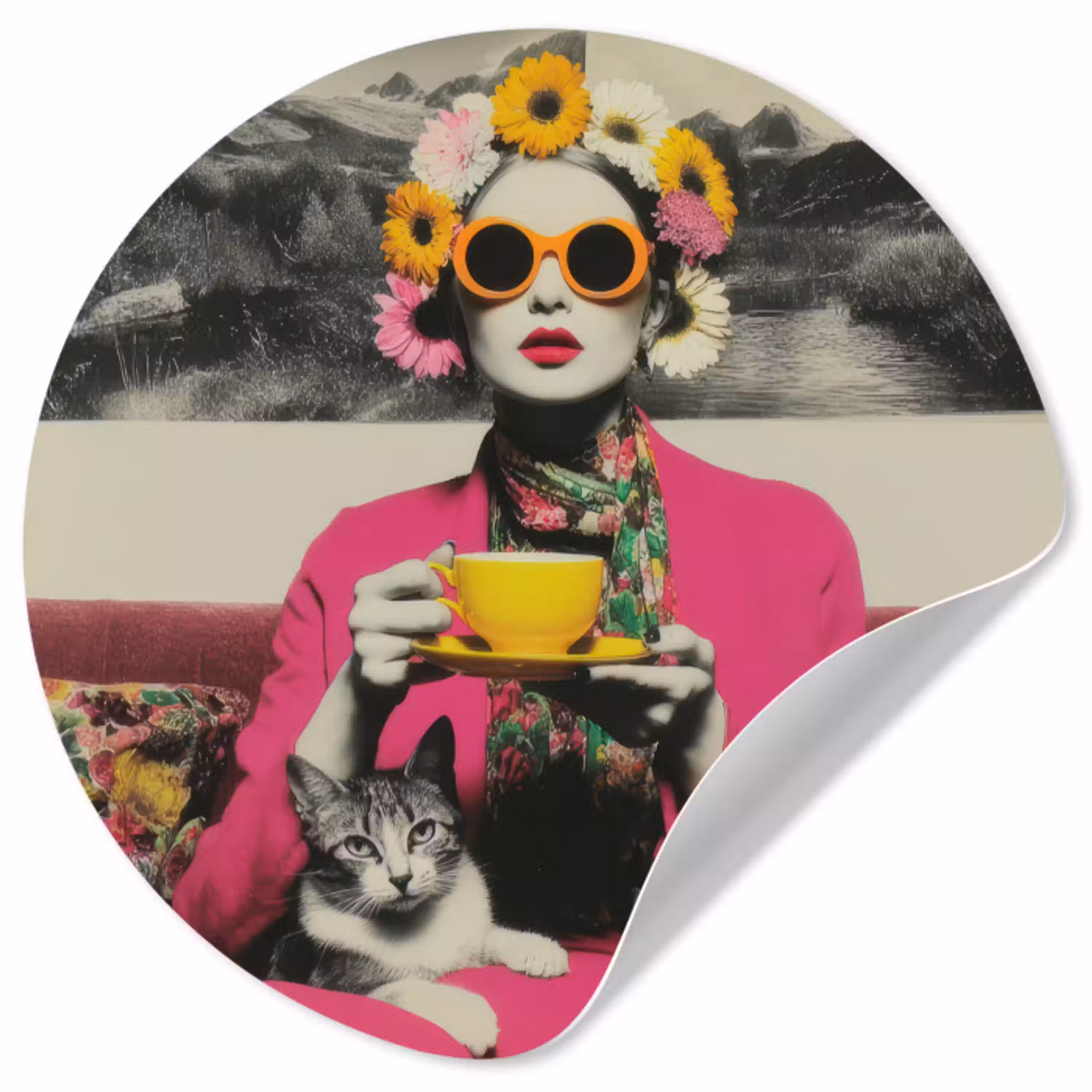 Vrouw - Kat - Bloemen - Kopje - Retro Wandcirkel behangsticker klein -3d