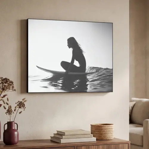 Silhouet - Vrouw - Surfplank - Water Textielframe zwart klein -sfeer3