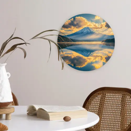 Berg - Rivier - Zonsondergang Wandcirkel kunststof plaat 5mm dik klein -sfeer4