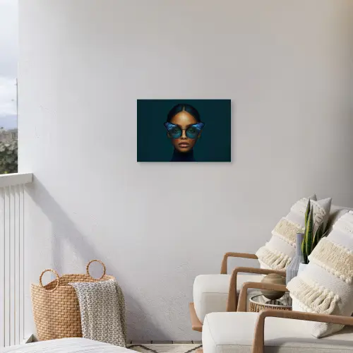Vrouw - Vlinder - Bril - Blauw - Modern - Portret Tuinposter op houten frame 2 cm dik klein -sfeer1
