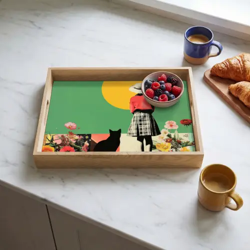 Retro - Meisje - Kat - Zon Dienblad Rechthoek middel -sfeer2