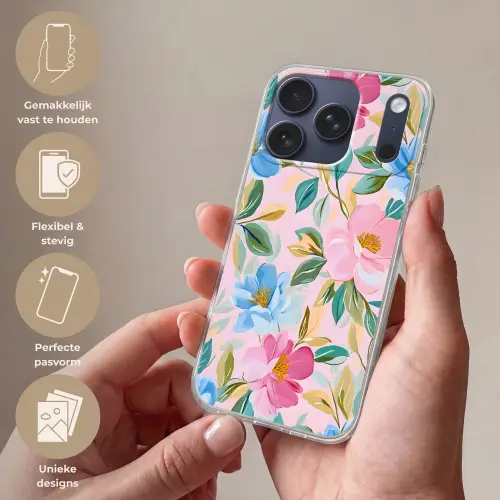 Blauw - Roze - Bloemen Telefoonhoesje iPhone 17 Pro klein -sfeer3_NL