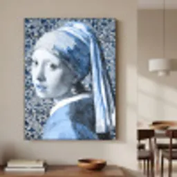 Meisje met de parel - Johannes Vermeer - Delfts blauw Textielframe zwart klein -sfeer2