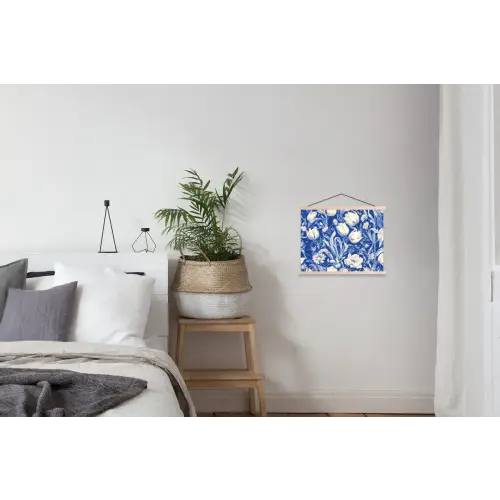 Bloemen - Delfts Blauw - Patroon - Tulp textielposter latten blank klein -woonkamer