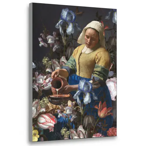 Melkmeisje - Johannes Vermeer - Bloemen Textielframe zilver middel -3d