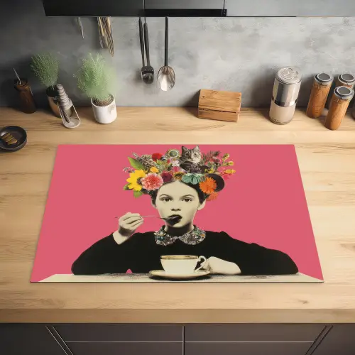 Meisje - Kopje - Bloemen - Roze Inductie beschermer vinyl 3mm klein -sfeer5