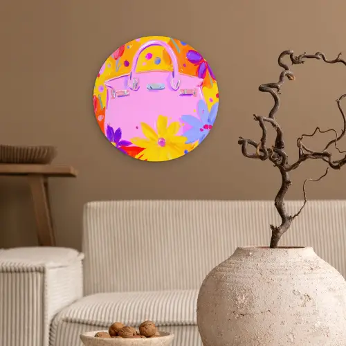 Tas - Roze - Bloemen Wandcirkel kunststof plaat 5mm dik klein -sfeer1