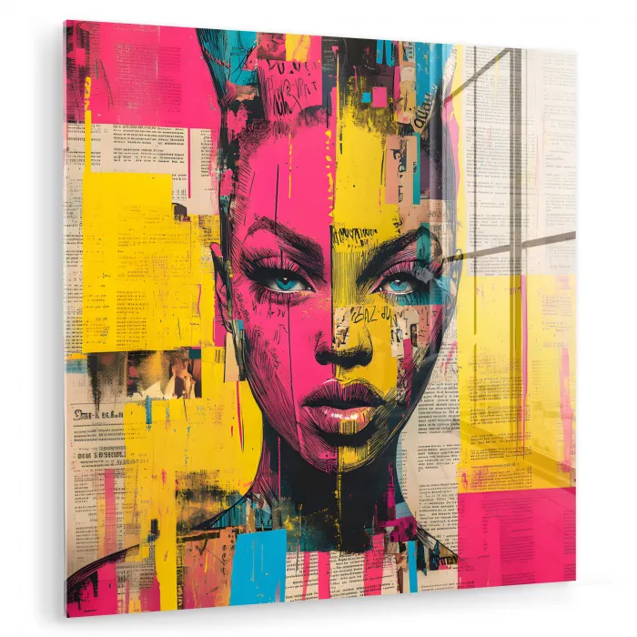 Vrouwengezicht - Krantenpapier - Abstract - Roze plexiglas 5mm klein -zzzproduct_nieuw