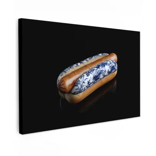Hotdog - Porselein - Delfts blauw - Eten Tuinposter op houten frame 2 cm dik klein -3d