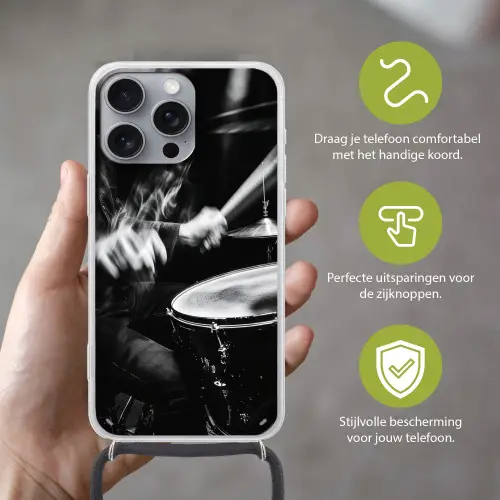 Drummer - Zwart - Drumstel Hoesje iPhone 16 Pro Max met koord klein -sfeer2_NL