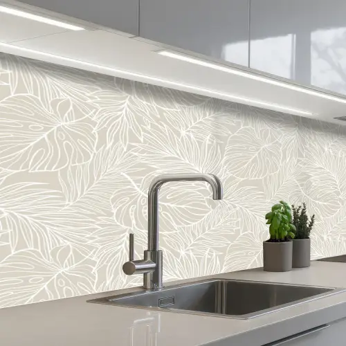Bladeren - Beige - Monstera - Palm keuken achterwand 2 middel -3d_schuin