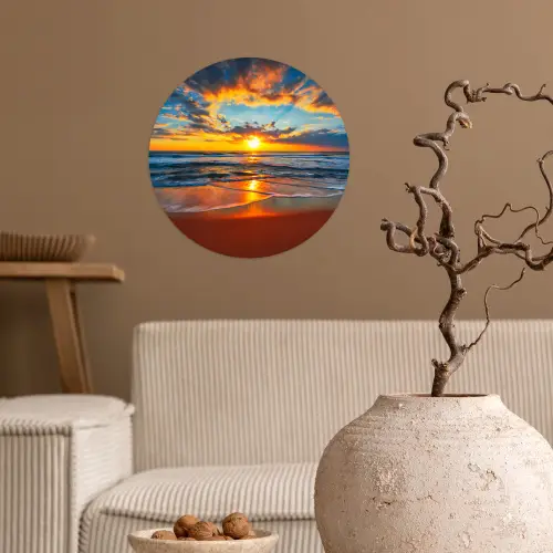 Zee - Zonsondergang - Strand - Wolken - Oranje Wandcirkel behangsticker klein -sfeer1