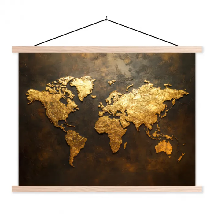 Wereldkaart - Goud - Roest textielposter latten blank klein -3d