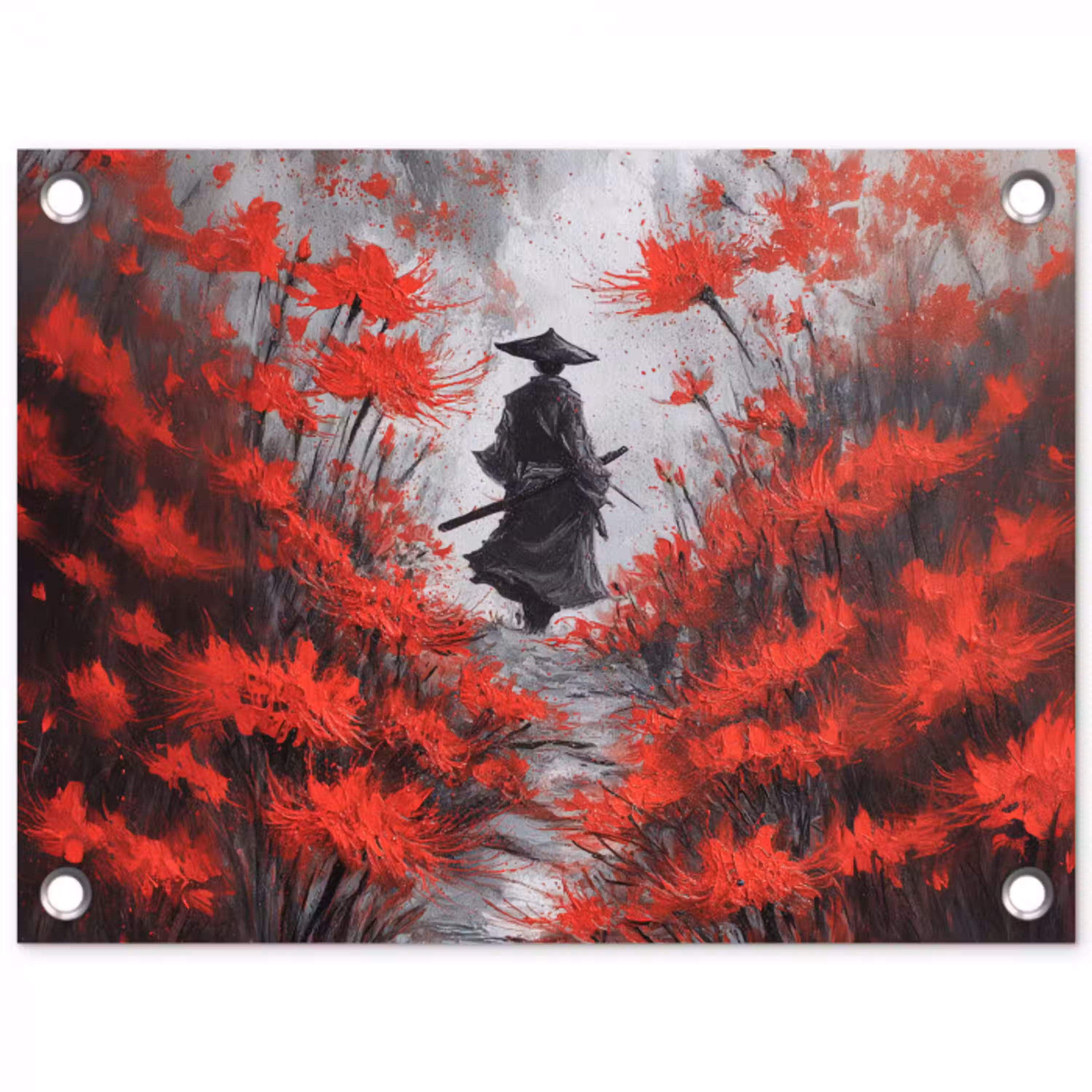 Rode bloemen - mistig - Man tuinposter los doek klein -3d