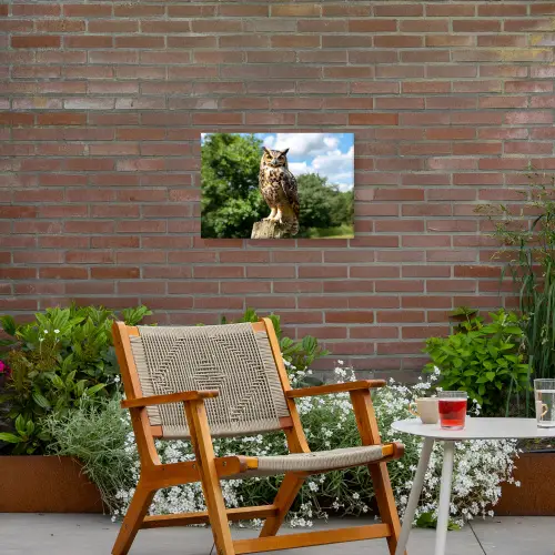 Uil - Boomstronk - Bos - Lucht Tuinposter op houten frame 2 cm dik klein -sfeer3