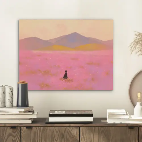Bloemenweide - Heuvels - Silhouet - Roze PET vilt klein -sfeer1