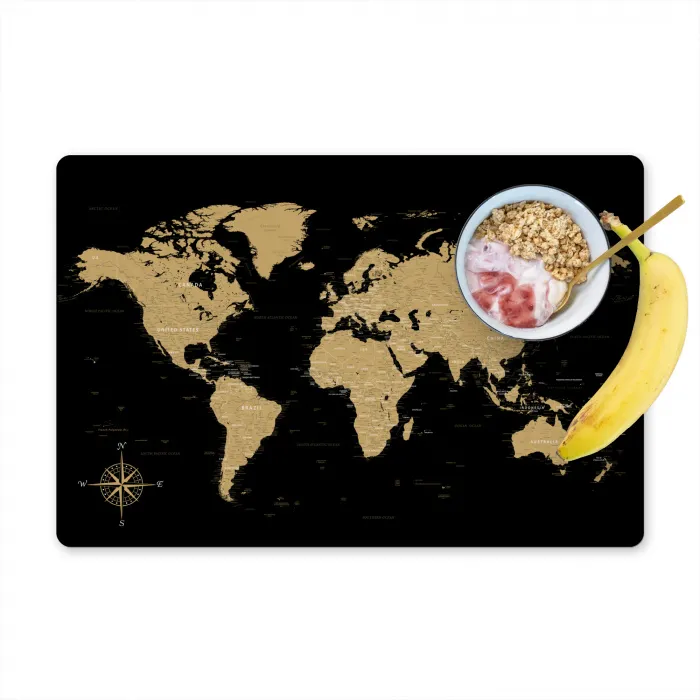 Wereldkaart - Beige - Zwart Placemat vinyl groot -zzzproduct_Kitchenyeah-website