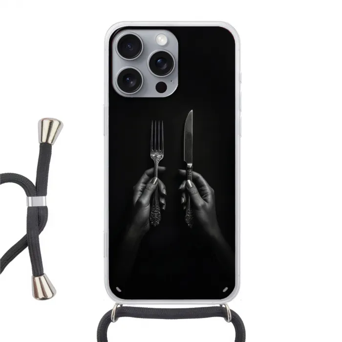 Bestek - Zwart - Wit Hoesje iPhone 16 Pro Max met koord klein -3d