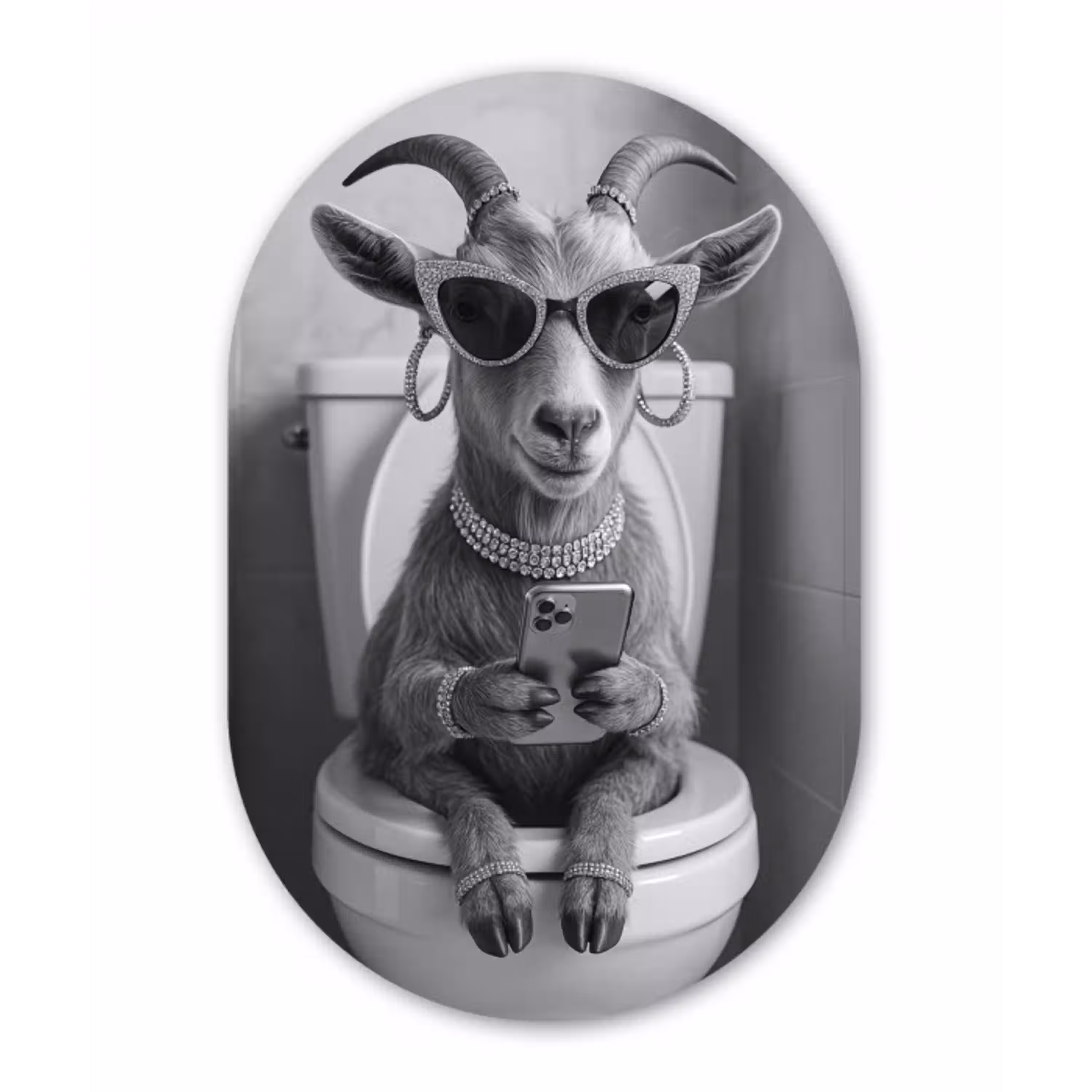 Geit - Telefoon - Toilet - Zwart - Wit Wandcirkel Ovaal Aluminium middel -3d