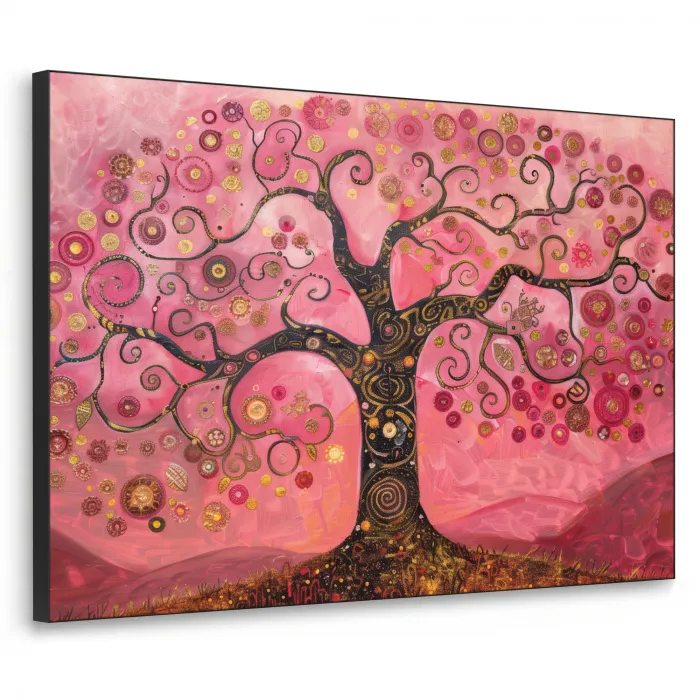 Boom - Levensboom - Roze - Goud Textielframe - compleet frame klein -3d