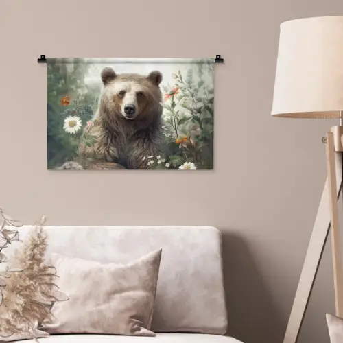 Bruine beer - Wilde dieren - Bloemen - Planten Wandkleed katoen klein -sfeer4