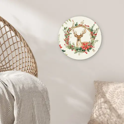 Kerstkrans - Hert - Hulst - Rood Wandcirkel kunststof plaat 5mm dik klein -sfeer5