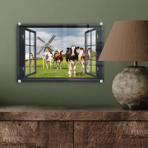 Doorkijk - Koe - Molen - Koeien - Weiland - Gras - Groen plexiglas 5mm klein -sfeer3