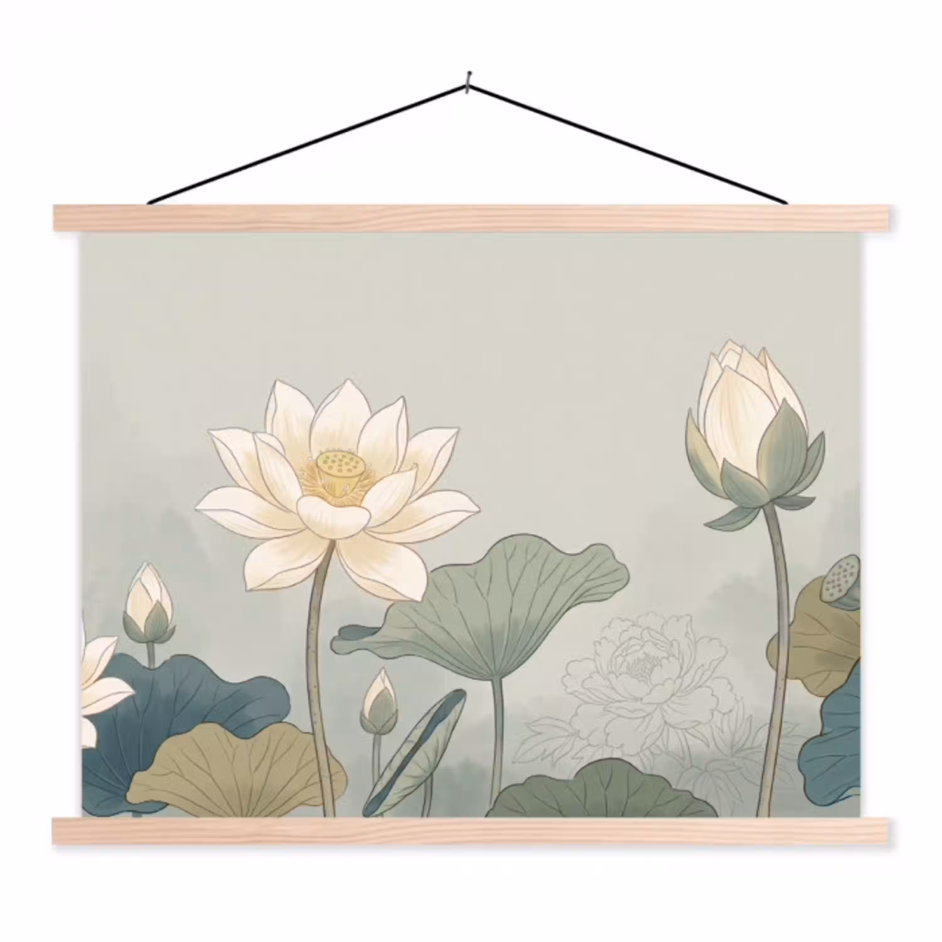 Lotus - Bloemen - Groen textielposter latten blank klein -3d