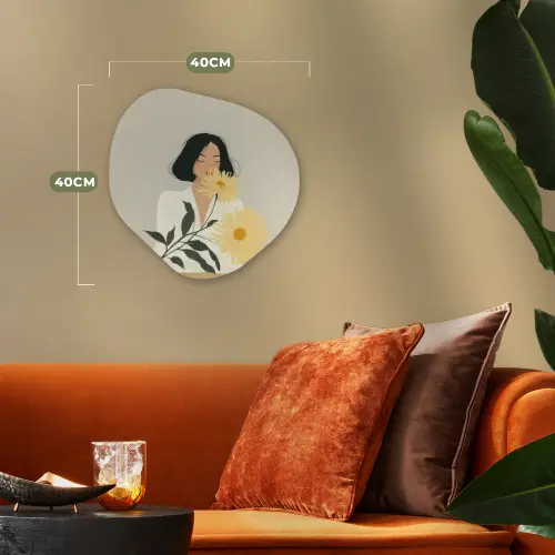 Vrouw - Bloem - Geel - Minimalistisch Wandcirkel Organisch Forex 3mm klein -sfeer3