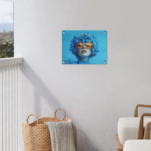 Vrouw - Bloem - Blauw - Modern - Bril - Portret tuinposter los doek klein -sfeer8